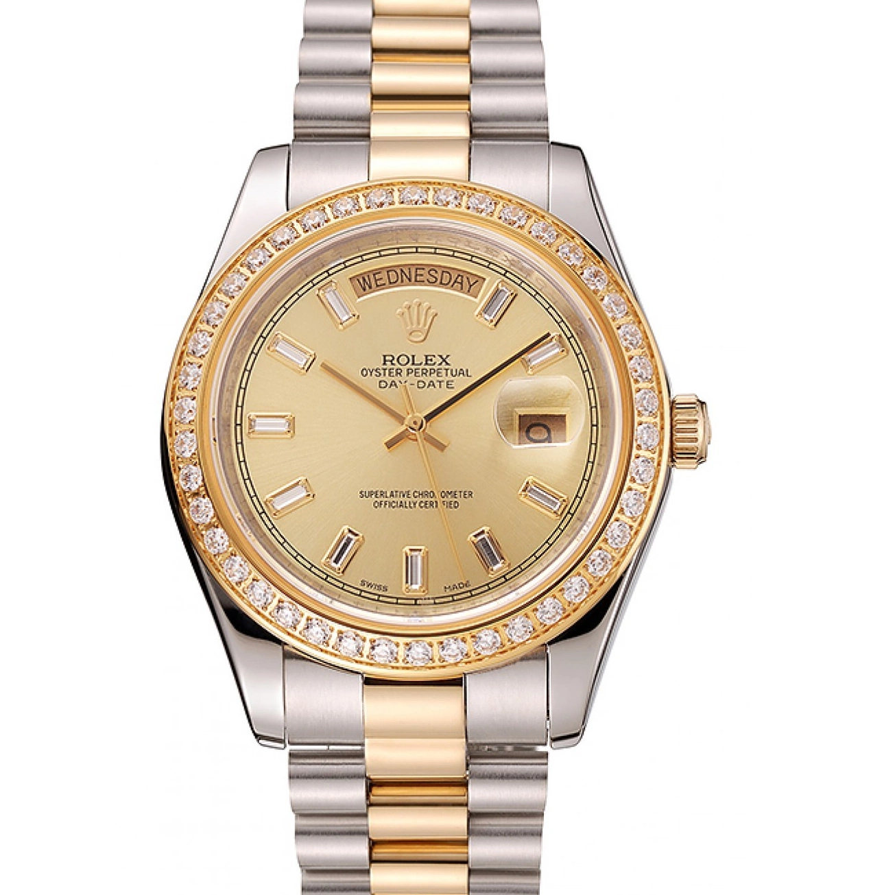 Aaa replica Dial Tone Bracelet Diamond Swiss Bezel Rolex Two Champagne 1454103 Day-Date 0802
